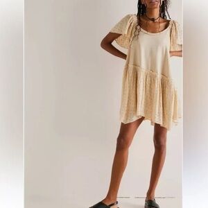 Free People M Wanderlust Asymmetrical Eyelet Cotton Mini Dress Flutter Sleeve M